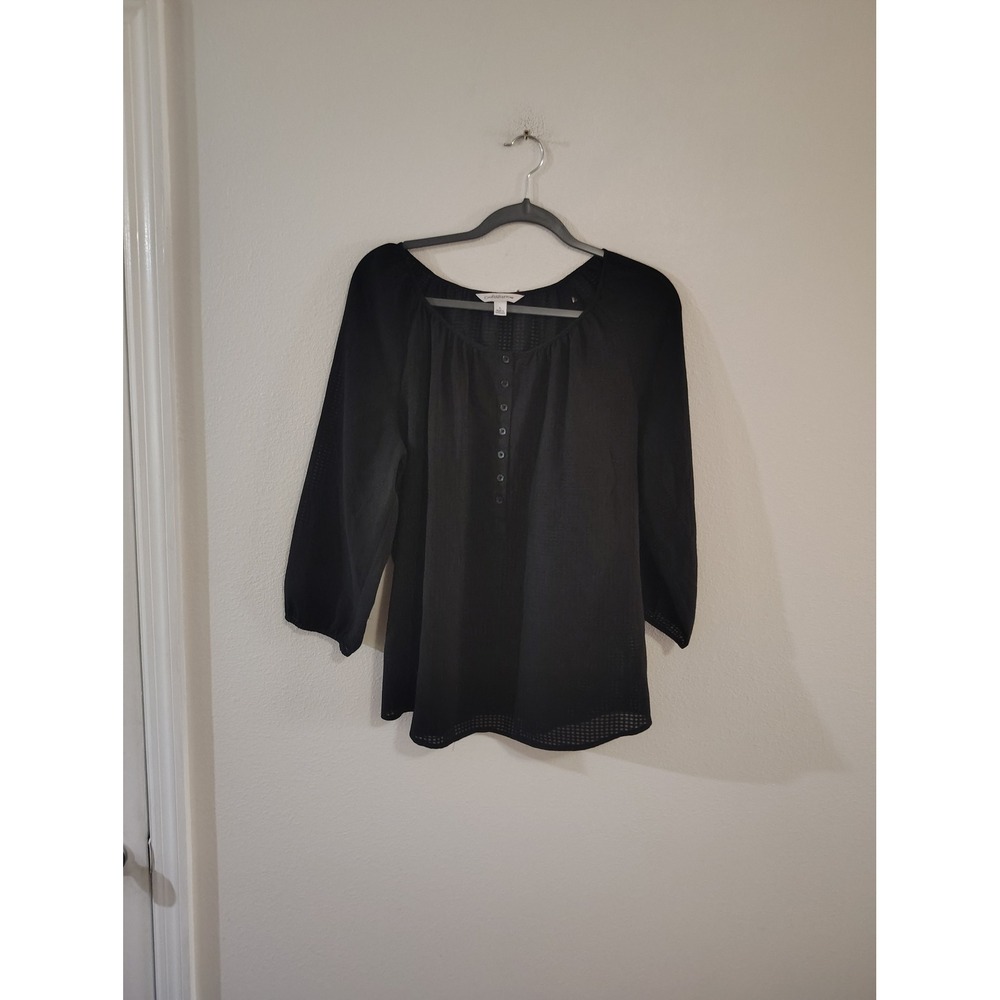 Croft & Barrow Womens Black Textured‎ Henley Blouse 3/4 Sleeve Top Large